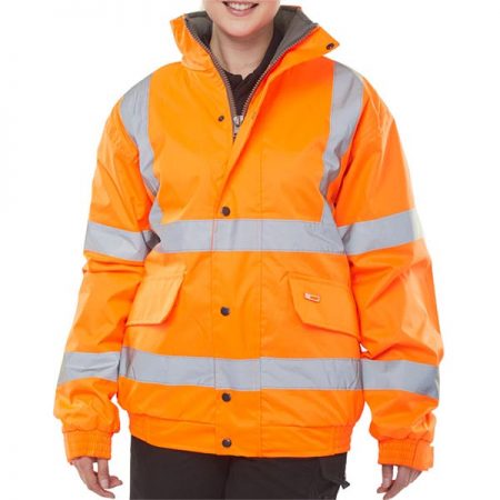 fleece lined hi vis bomber jacket in orange zipped up