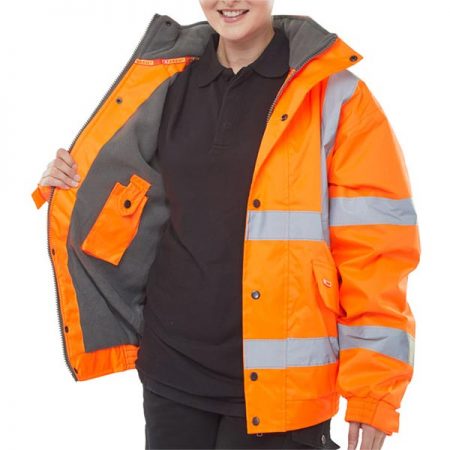 fleece lined hi vis bomber jacket in orange open shot