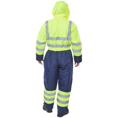 hi vis yellow and navy waterproof coverall reverse