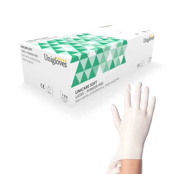 Unigloves white latex gloves shown on hand. Box of 100 gloves.