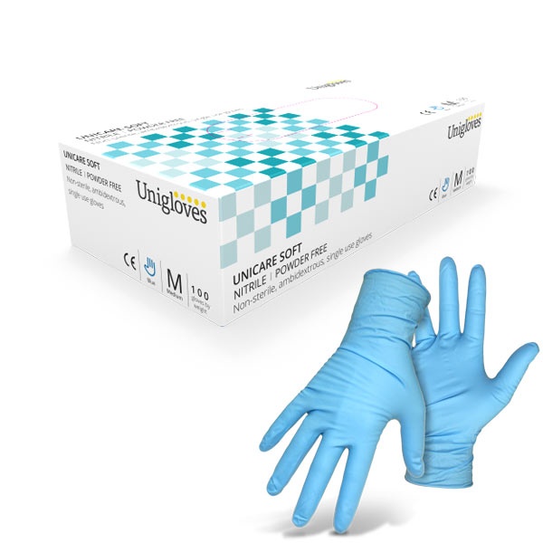 Unigloves blue nitrile gloves. Box of 100.
